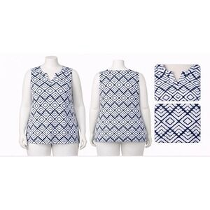 3X Denim &Co Naturals Linen Slub Jersey Sleeveless Tunic Navy White Diamond A396